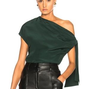 TIBI Asymmetrical Tie Draped Off the Shoulder Top in Juniper